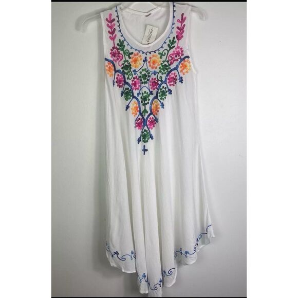 Women’s White Boho Sheer Cover Up Midi Dress Fairy Embroidered Boho One Size - Picture 1 of 11